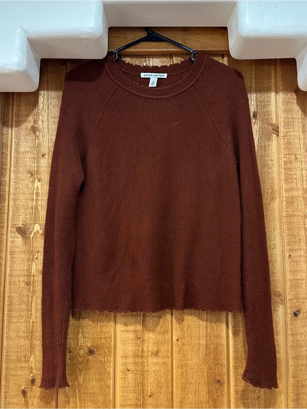 Autumn Cashmere Silk Blend Distressed Crew Neck Sweater Carmel Brown, Size S